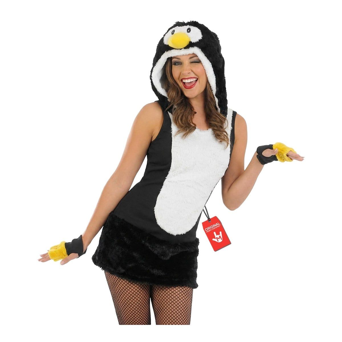 Woman in a sleeveless black penguin dress with a white plush belly, a black faux-fur skirt, fingerless gloves with yellow trim, and a black hood with eyes and a yellow beak