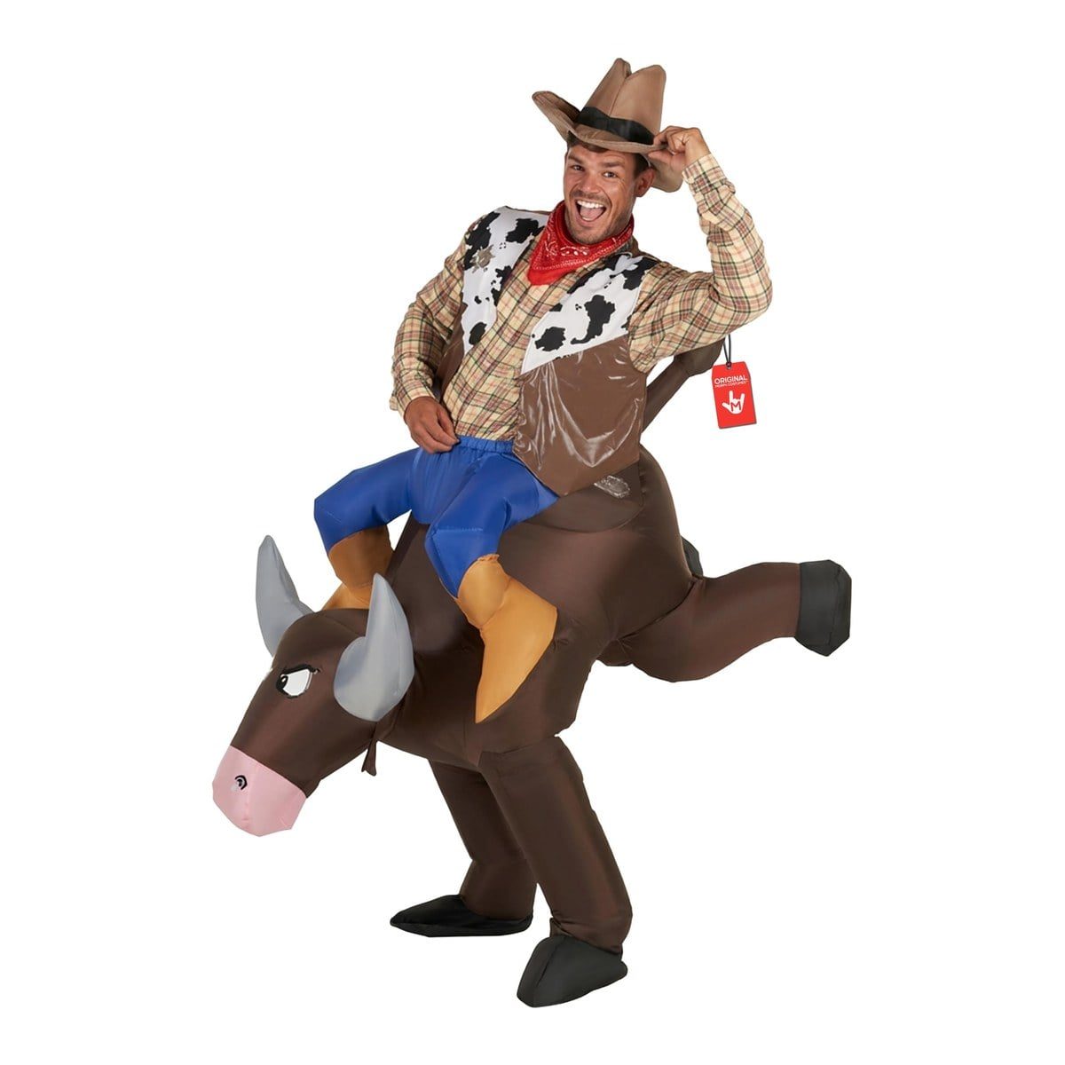 Man in a cowboy hat, red bandana and plaid shirt wearing the MorphCostumes Inflatable Bucking Bronco Bull Rider Ride-on Costume, a brown inflatable bull with gray horns mid-buck, with a cow-print vest and fake rider legs in blue jeans