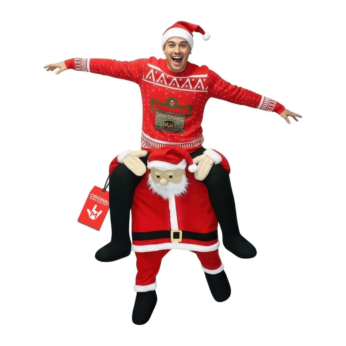 Man in a red holiday sweater and Santa hat wearing the MorphCostumes Santa Piggyback Costume, a plush Santa figure in a red suit with a white beard carrying him, with stuffed fake rider legs in black pants over Santa's shoulders