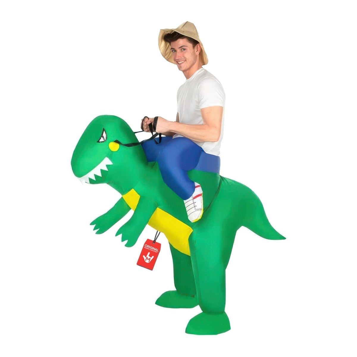 Man in a straw hat and white T-shirt wearing the MorphCostumes T-Rex Ride On Inflatable Costume, a green inflatable dinosaur with a yellow belly and white teeth, holding the reins, with fake rider legs in blue jeans and white sneakers