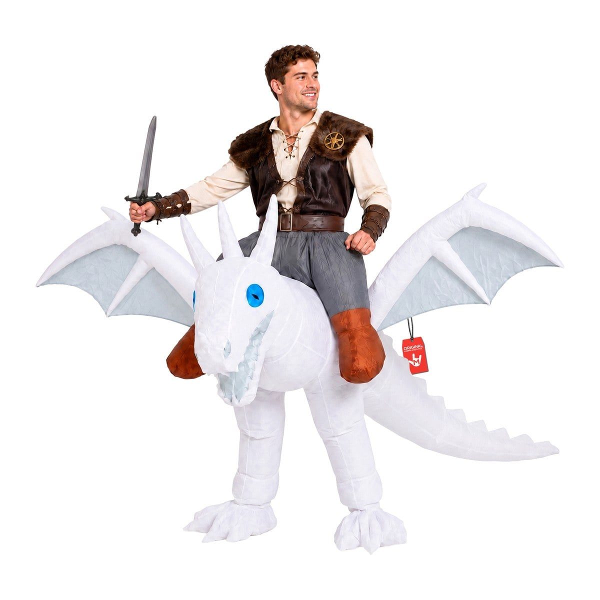 Man in a medieval-style vest and shirt holding a toy sword, wearing the MorphCostumes White Ride On Dragon Inflatable Costume, a white inflatable dragon with blue eyes and spread pale wings, with fake rider legs in brown boots