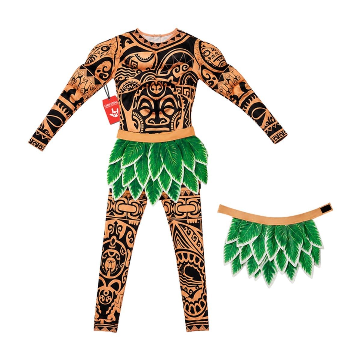 Kids tan and black tattoo-print jumpsuit with padded shoulders and biceps, shown beside a separate green leaf belt with a velcro strap