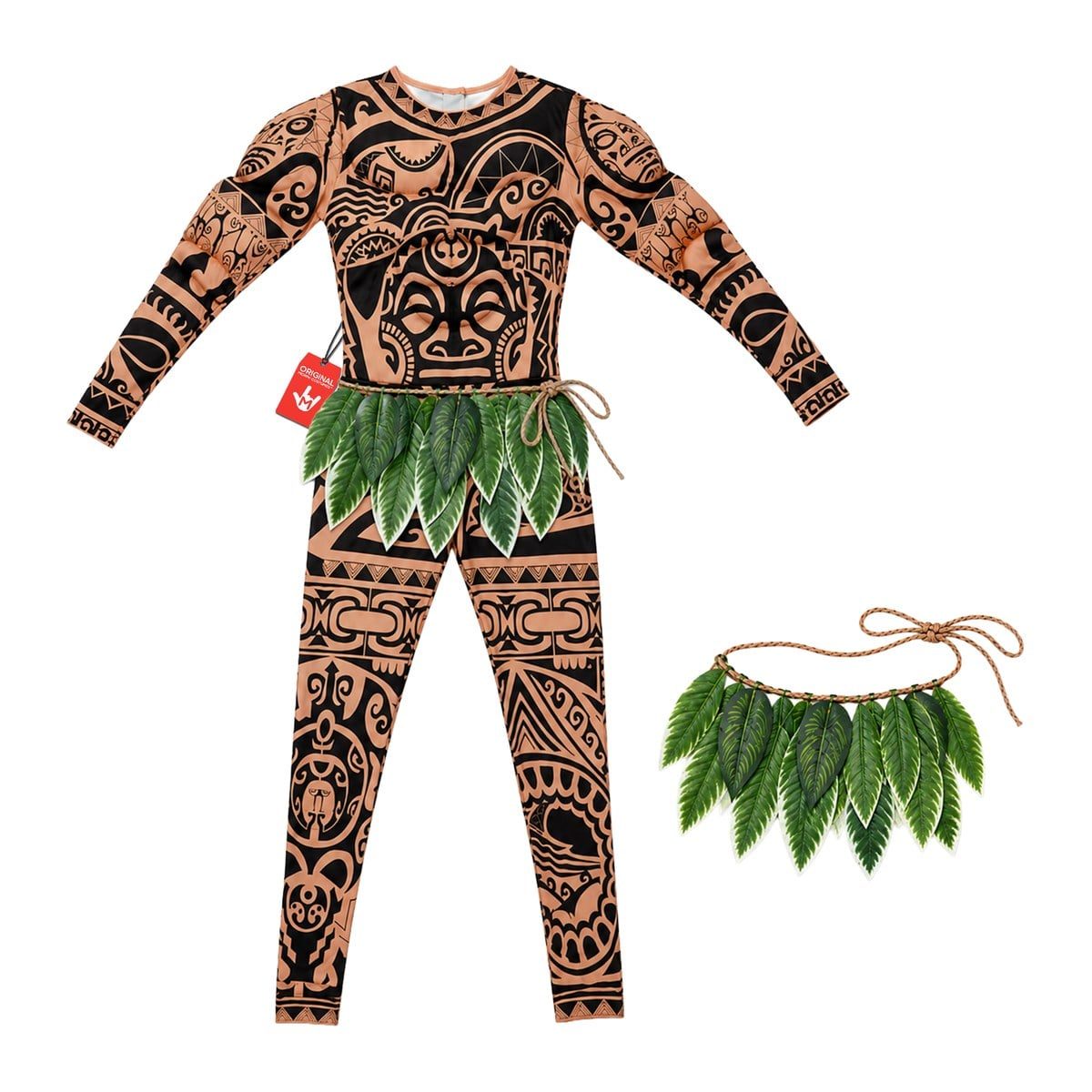 Adult tan and black tattoo-print bodysuit with padded muscles, shown with a green leaf skirt on a rope tie worn at the waist and again laid out separately