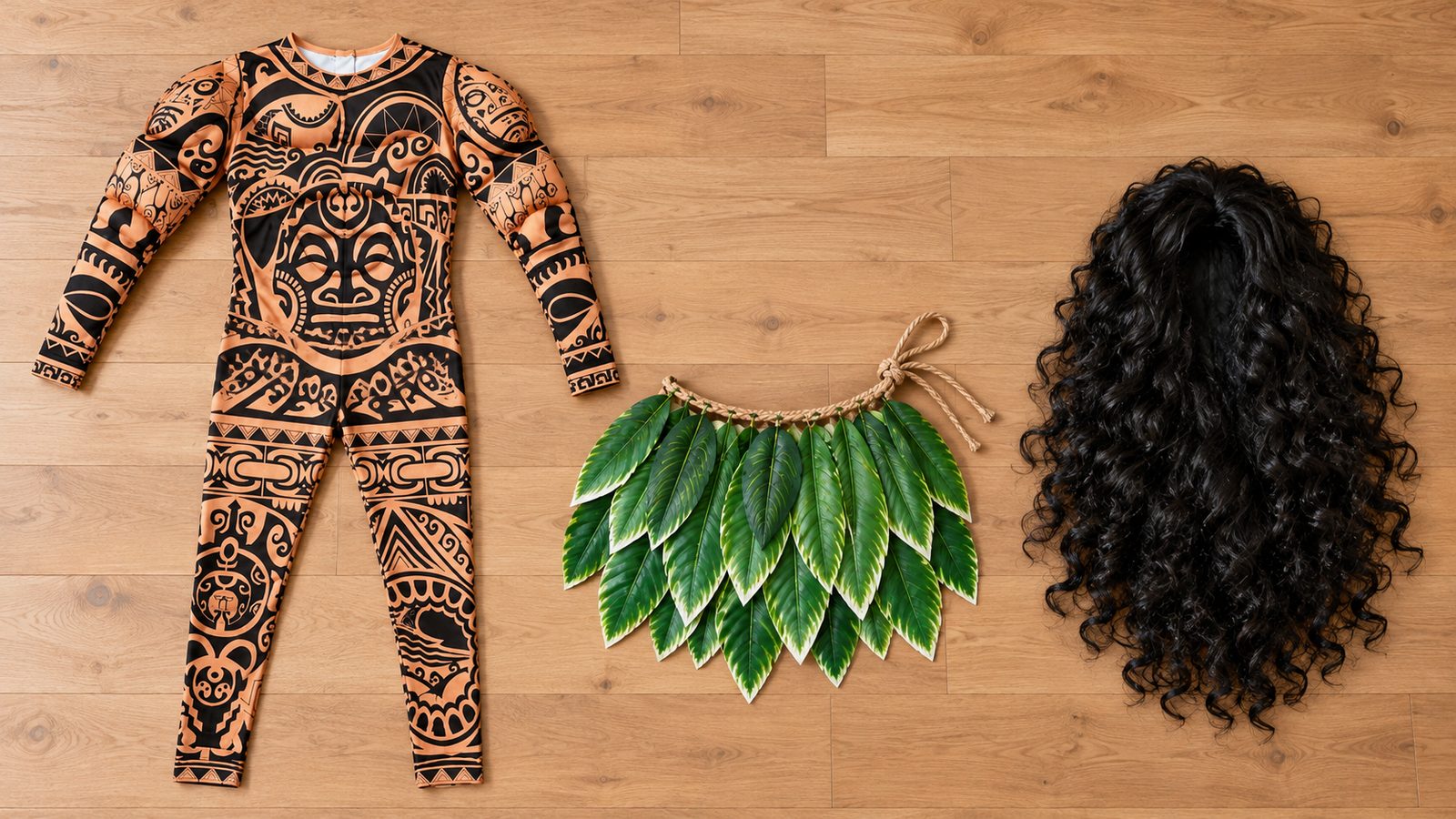 Overhead flat-lay of a tan and black tattoo-print padded bodysuit, a green leaf skirt on a rope tie, and a long black curly wig, laid out left to right