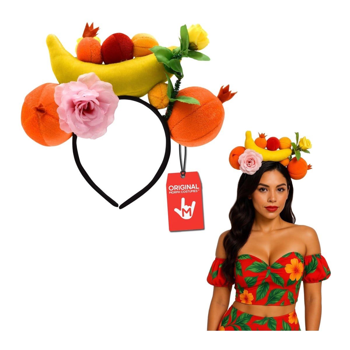 Black headband topped with a plush banana, oranges, berries and a pink flower, shown on its own and worn with a red floral top that is not included