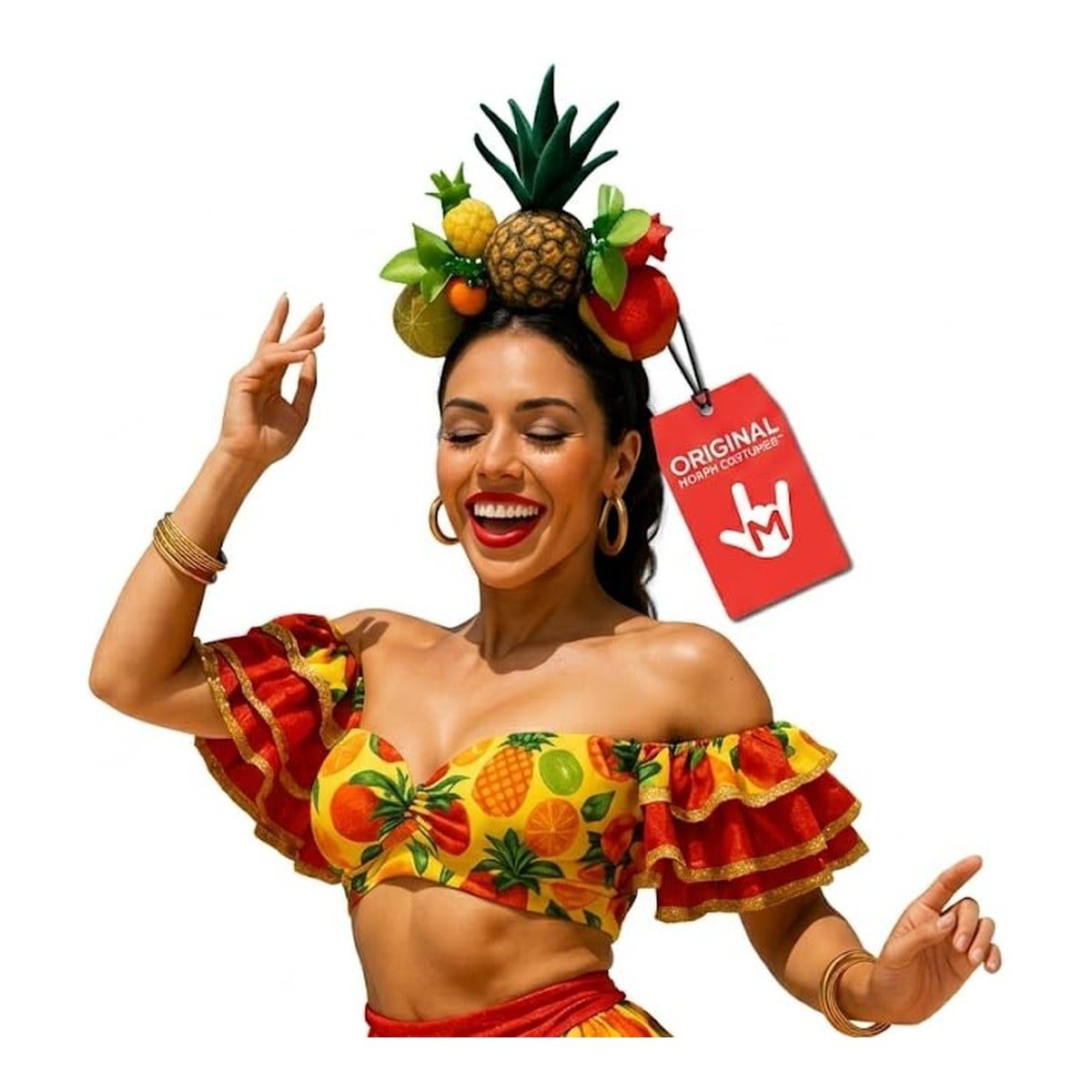 Woman laughing in a headband topped with a large pineapple surrounded by smaller faux fruit, shown with a ruffled fruit-print top and gold hoop earrings that are not included