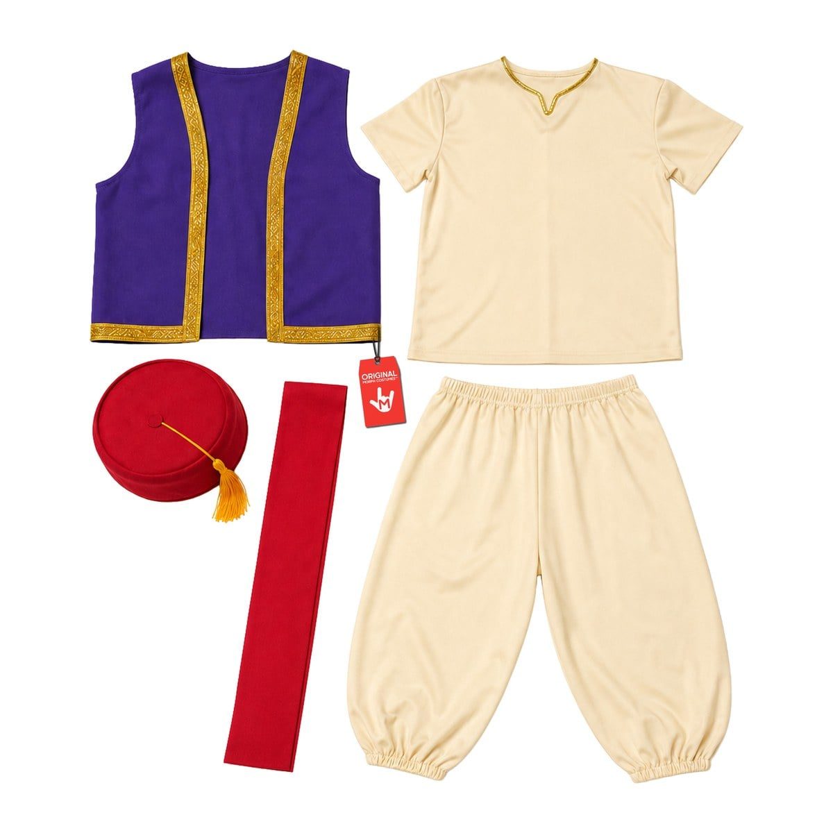Five-piece boys Arabian prince costume laid flat: a purple vest with gold trim, a cream top, loose cream pants, a long red sash, and a red fez-style hat