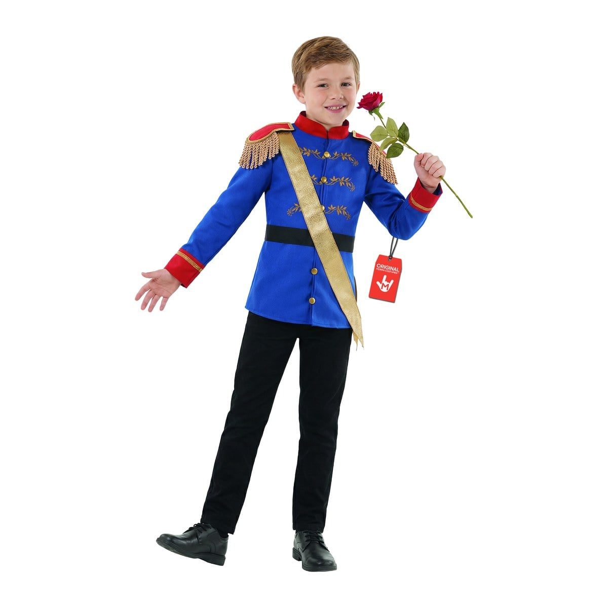 Boy in a royal blue prince jacket with gold braid detailing, red epaulettes, a gold sash across the chest, a black belt, and black pants