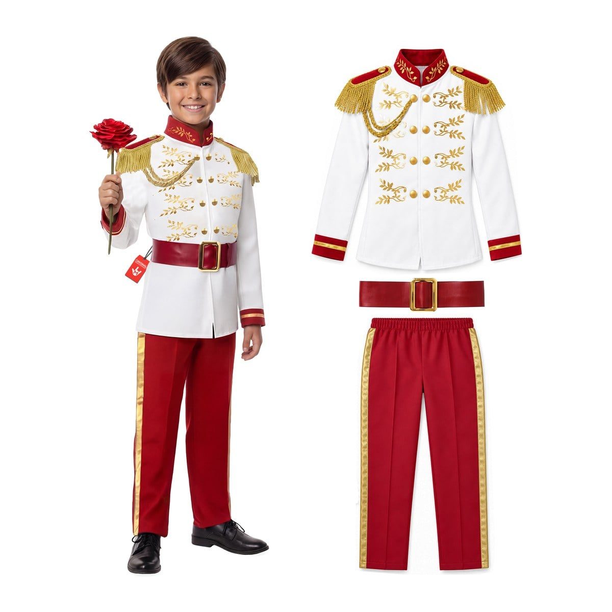 Boy in a white prince jacket with gold embroidery, gold epaulettes, and a red collar, with red pants with a gold side stripe and a red belt, shown beside the jacket, pants, and belt laid out