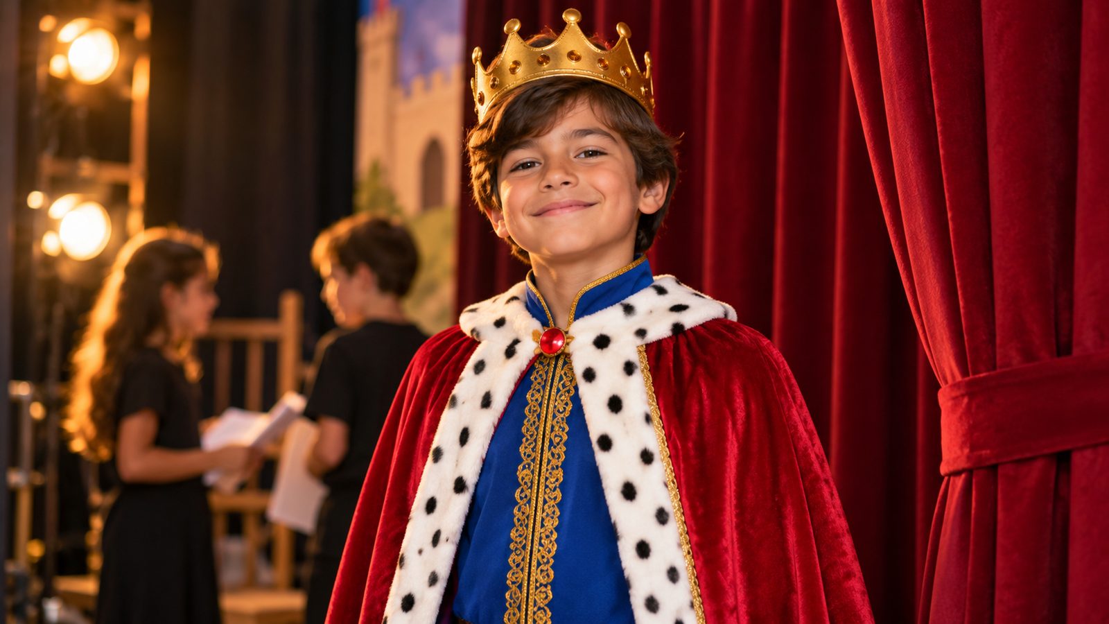 Waist-up portrait of a boy in the wings of a school stage, wearing a red velvet-feel cape with white spotted faux ermine trim over a blue tunic with gold trim, a soft gold crown resting on top of his head