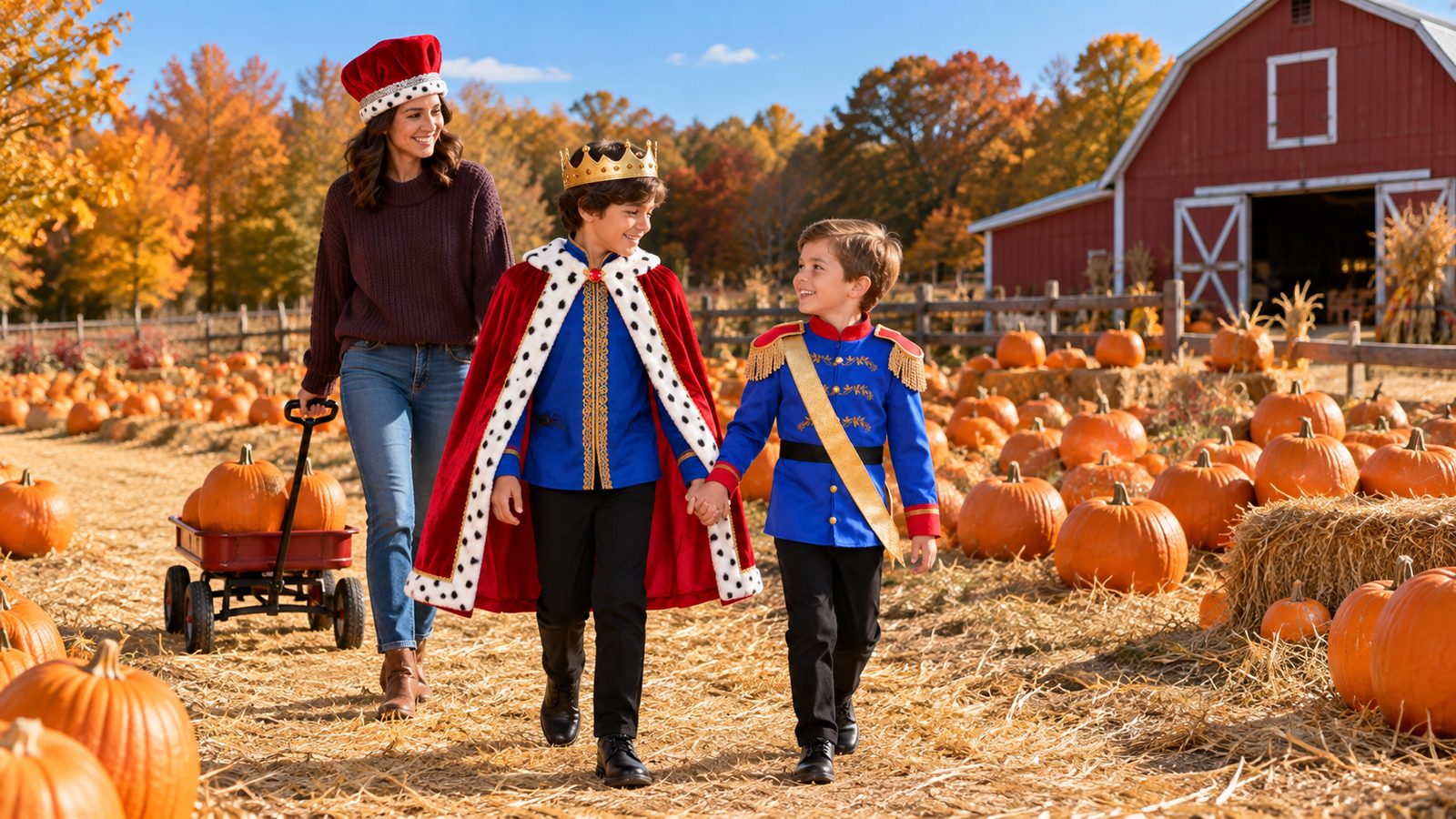 Wide view of a pumpkin patch on a sunny fall afternoon: two brothers walk hand in hand, one in a red cape with white faux ermine trim and a gold crown, the other in a royal blue prince jacket with a gold sash, their mother behind them in a red collapsible crown hat pulling a wagon of pumpkins