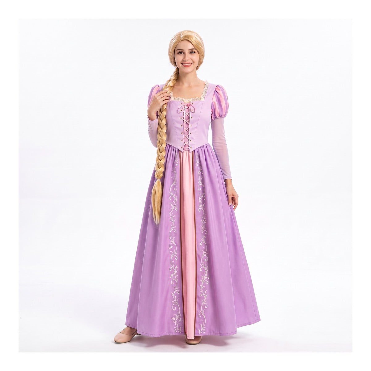 Woman in a long lilac princess dress with pink sleeves and a long blonde wig