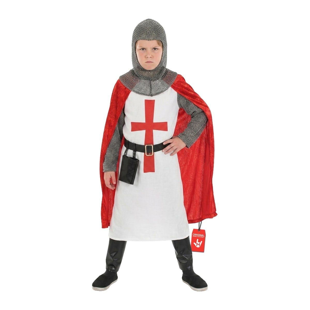 Boy in a white knight tunic with a red cross, a red cape, a gray chainmail-look hood and sleeves, a belt with a scabbard, and black boot covers