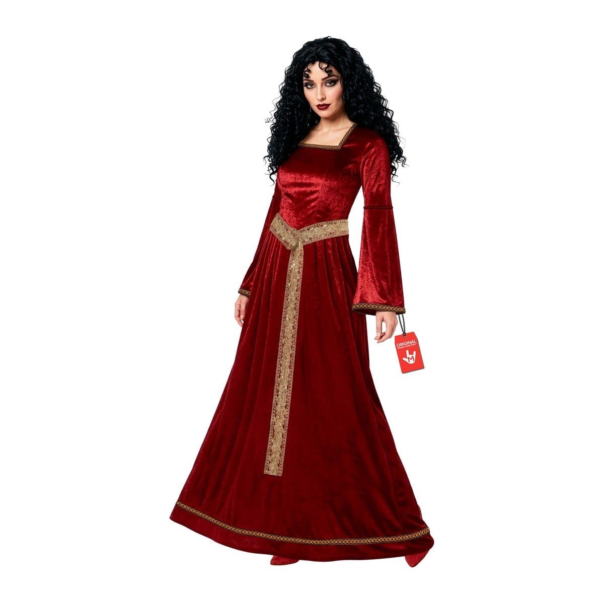 Woman in a floor-length red velvet-look dress with flared sleeves and a long gold-trimmed belt, wearing a long black curly wig