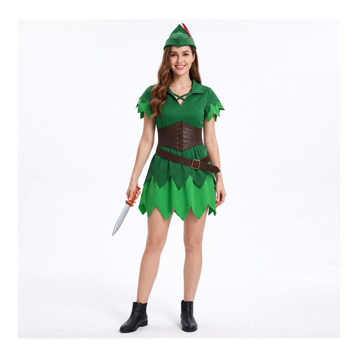 Woman in a green jagged-hem dress with leaf-style layers, a green hat with a red feather, a brown corset-style belt and a buckle belt, holding a toy dagger