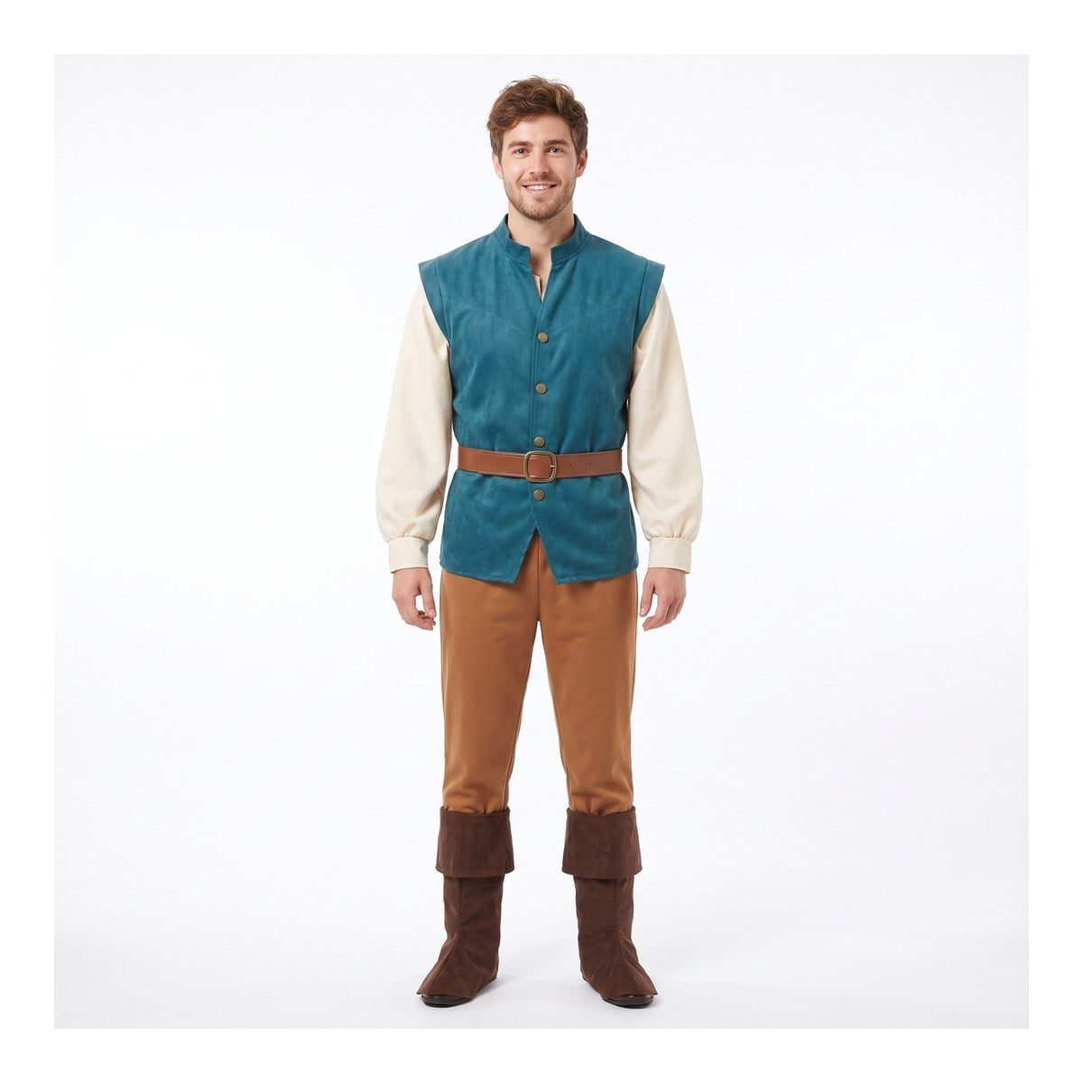 Man in a teal button-front tunic over cream sleeves, a brown belt, tan pants, and brown boot covers