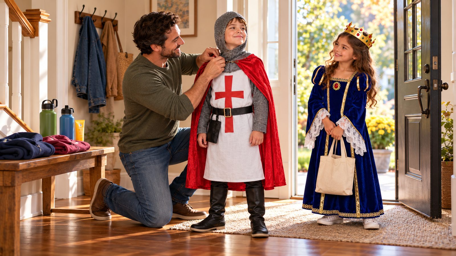 A father kneeling in a hallway to fasten the red cape of a boy in a white crusader knight tunic with a red cross and a chainmail-look hood, while a girl in a royal blue velvet-style dress with gold trim and a jeweled gold crown waits at the open door, water bottles and sunscreen on the bench