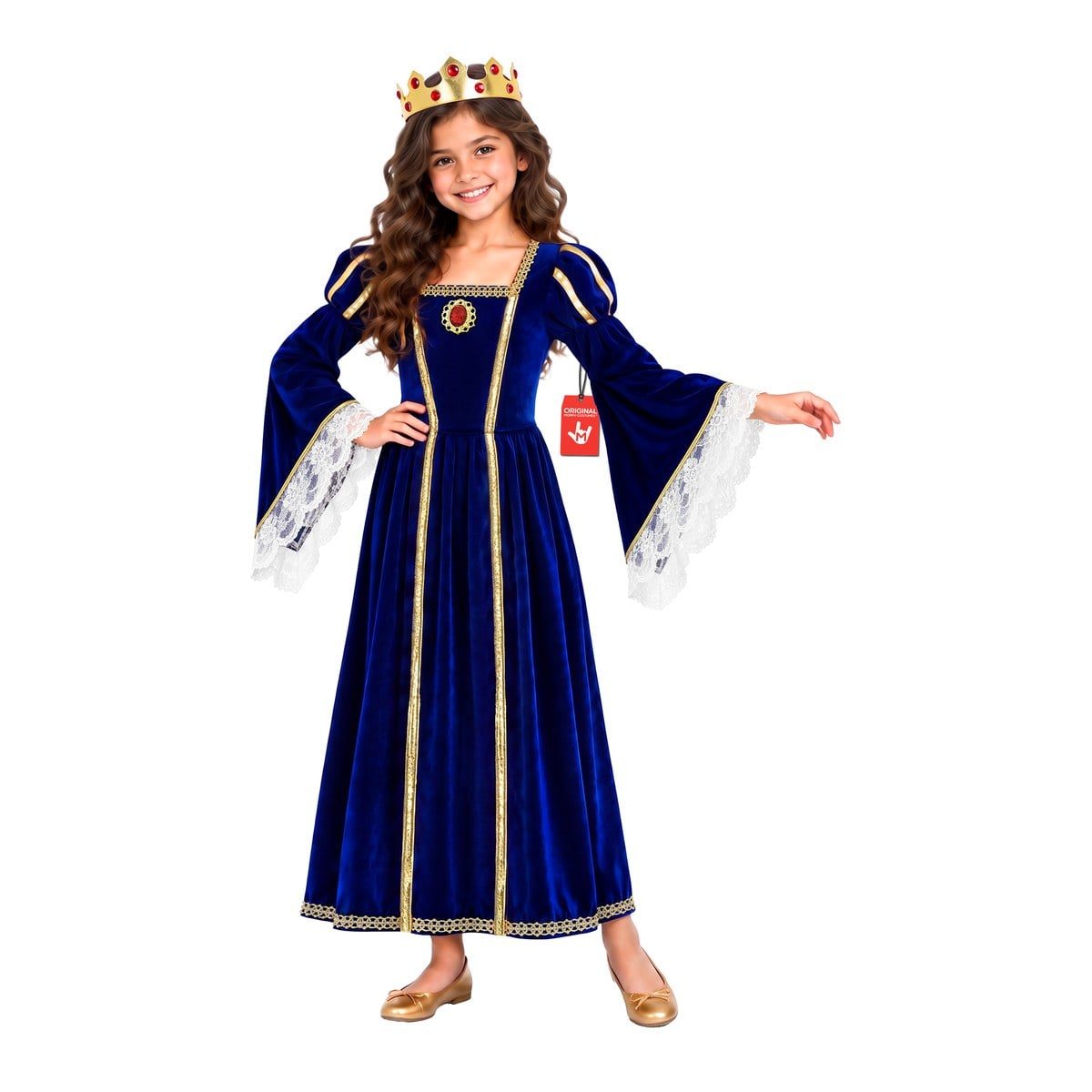Girl in a royal blue velvet-style dress with gold trim, white lace cuffs, a small red jewel at the neckline, and a jeweled gold crown