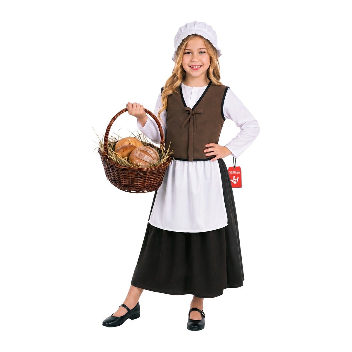 Girl in a white cap, a white top, a brown vest, and a dark skirt with an attached white apron, holding a basket of bread