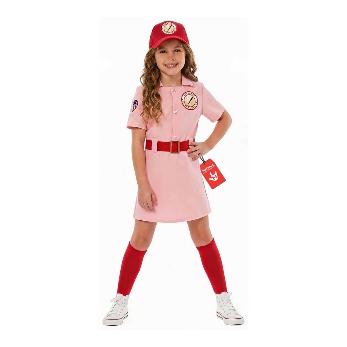 Girl in a pink short-sleeved baseball dress with a collar and a sleeve patch, a red belt with a gold buckle, a red cap with a round patch, and long red socks, standing with a hand on her hip in white sneakers