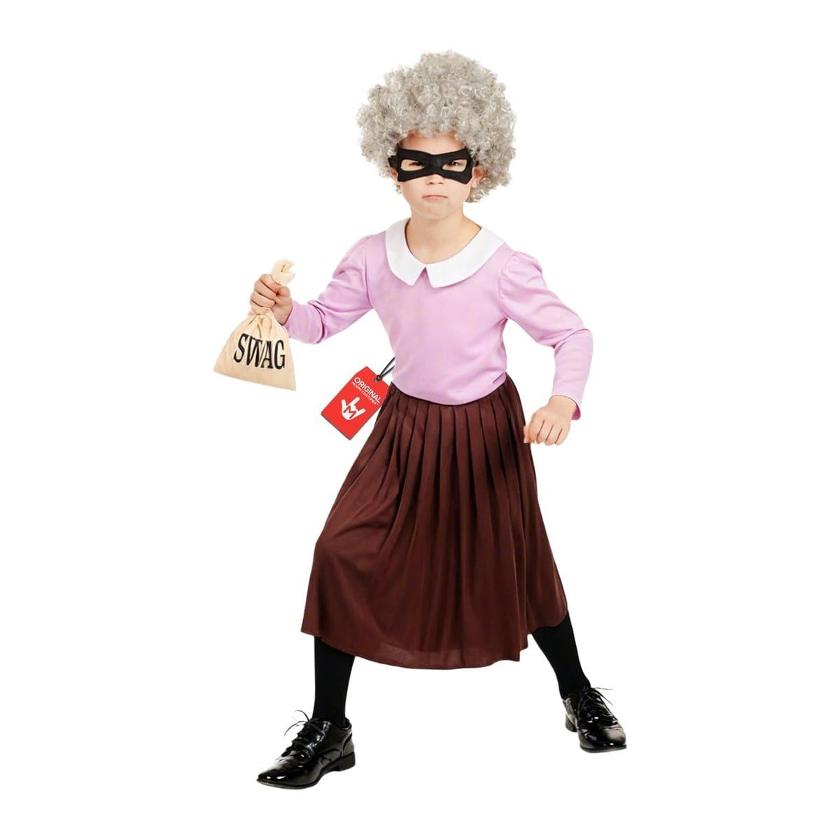 Girl in a lilac long-sleeve top with a white collar and a pleated brown skirt, a black eye mask, and a gray curly wig, scowling and holding a small SWAG bag