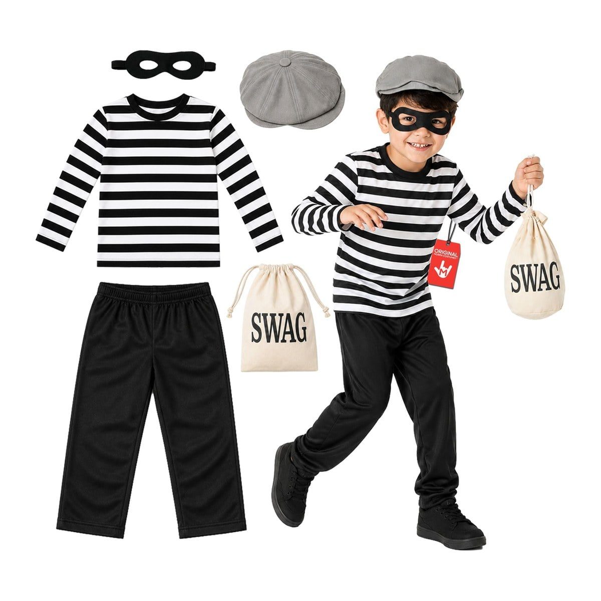 Boy in a black-and-white striped long-sleeve top, black pants, a gray flat cap, and a black eye mask, holding a small SWAG bag, with the top, pants, cap, mask, and bag laid out beside him