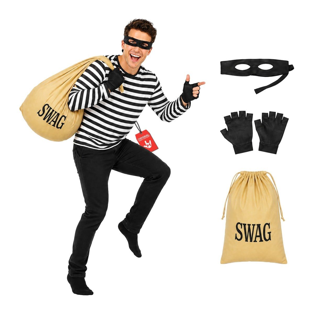 Grinning man mid-step in a black-and-white striped long-sleeve top, black tie-back eye mask, and black fingerless gloves, carrying a tan bag printed SWAG over his shoulder, with the mask, gloves, and bag shown beside him