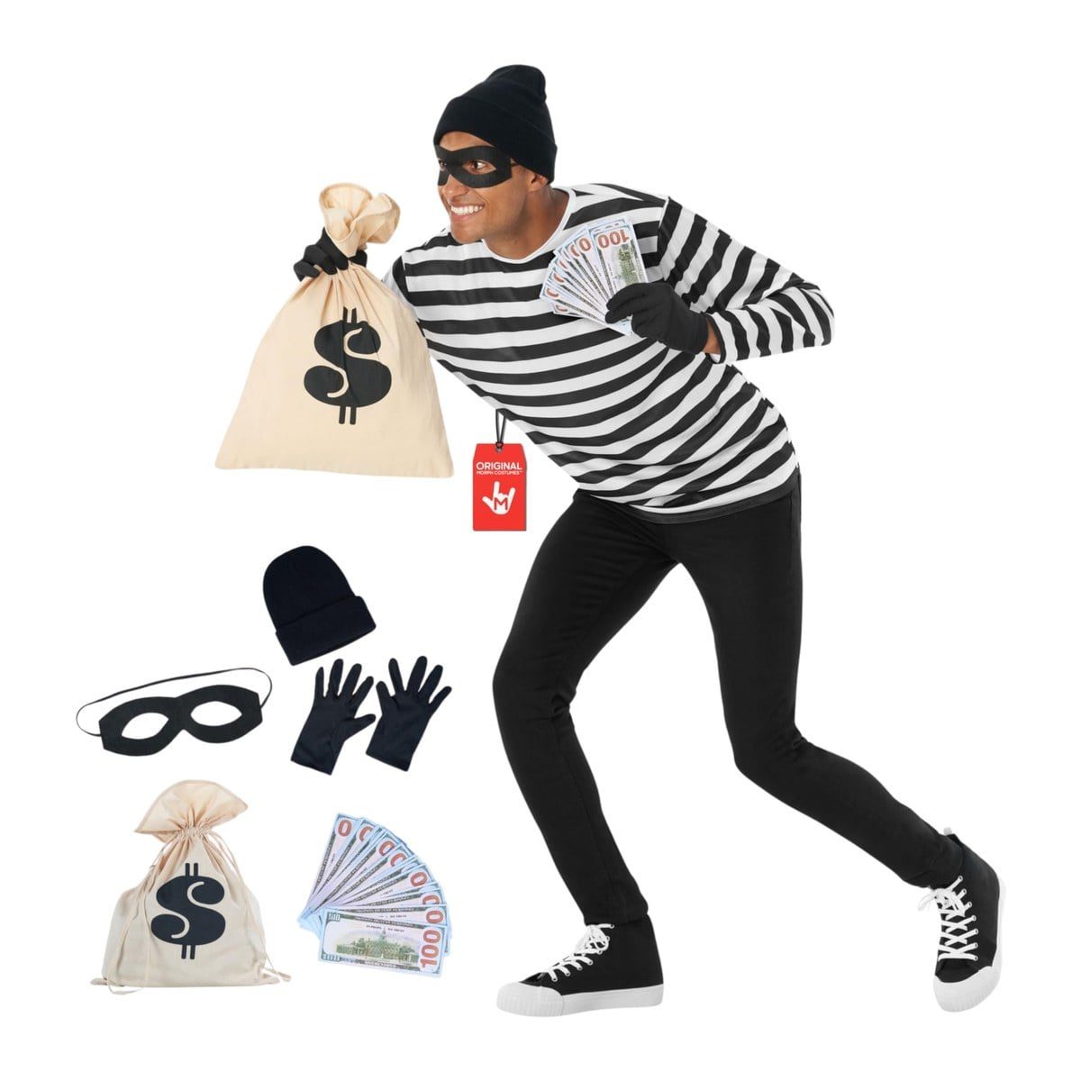 Man creeping forward in a black-and-white striped long shirt, black knit beanie, black eye mask, and black gloves, holding a dollar-sign money bag and play bills, with the beanie, mask, gloves, bag, and bills laid out beside him