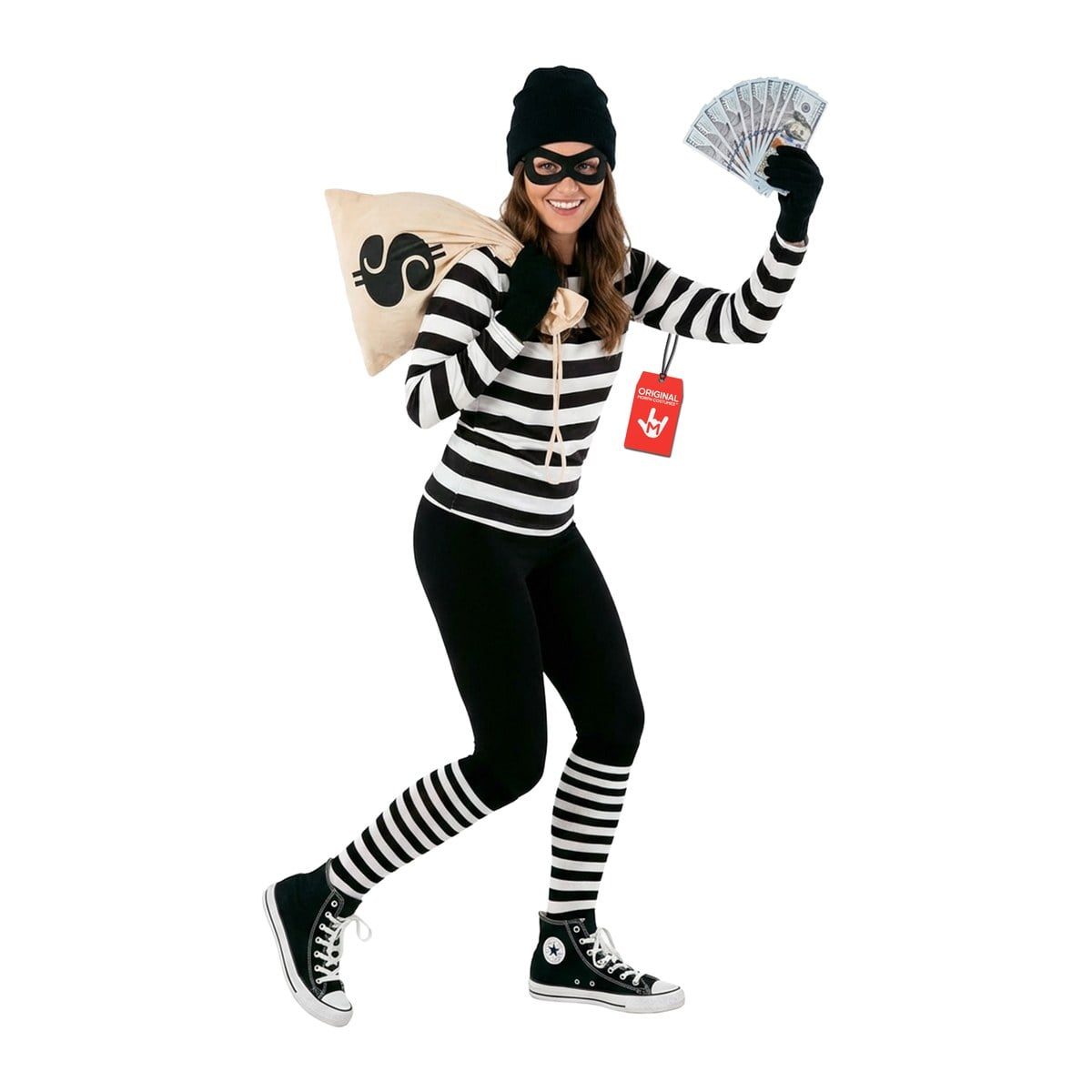 Smiling woman in a black-and-white striped long-sleeve top, black beanie, black eye mask, black gloves, and striped knee socks, holding a fan of play money and a cream money sack printed with a dollar sign