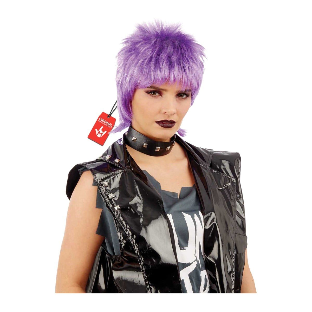 Woman wearing a short, spiky purple pixie-mullet wig with a studded black choker and a black vinyl studded vest over a torn gray top