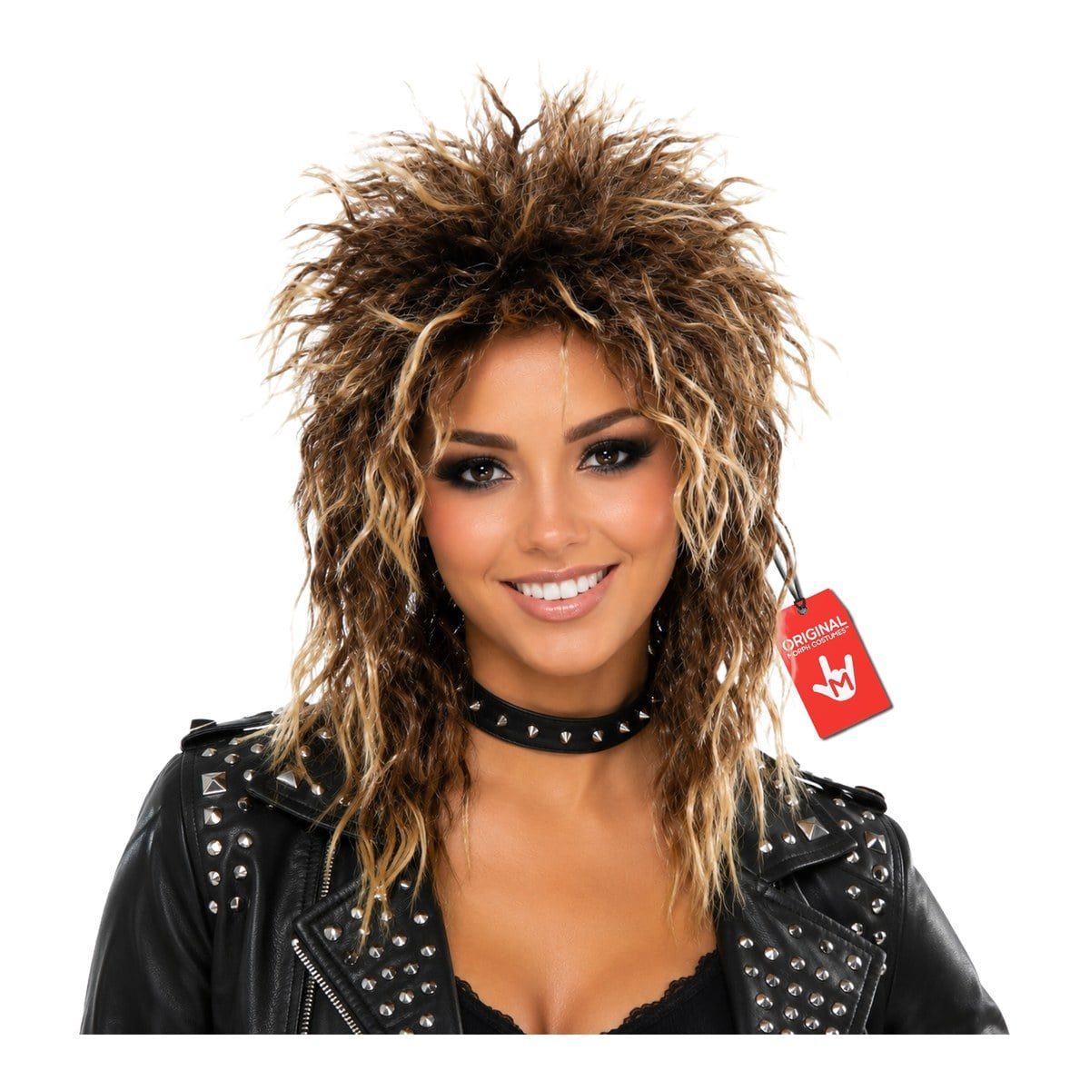 Woman wearing a big, spiky, wavy wig in brown with blonde highlights, a studded black choker, and a studded black leather jacket