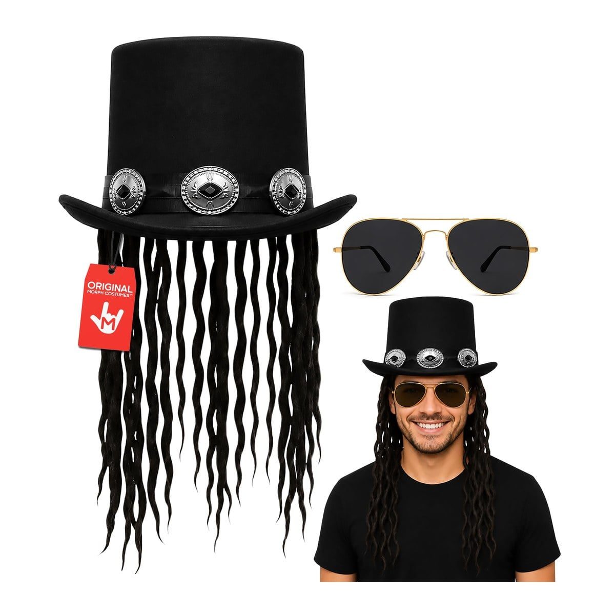 Black top hat with a silver-detailed band and long dark dreads attached, shown beside gold-framed aviator sunglasses and worn by a smiling man in a black t-shirt