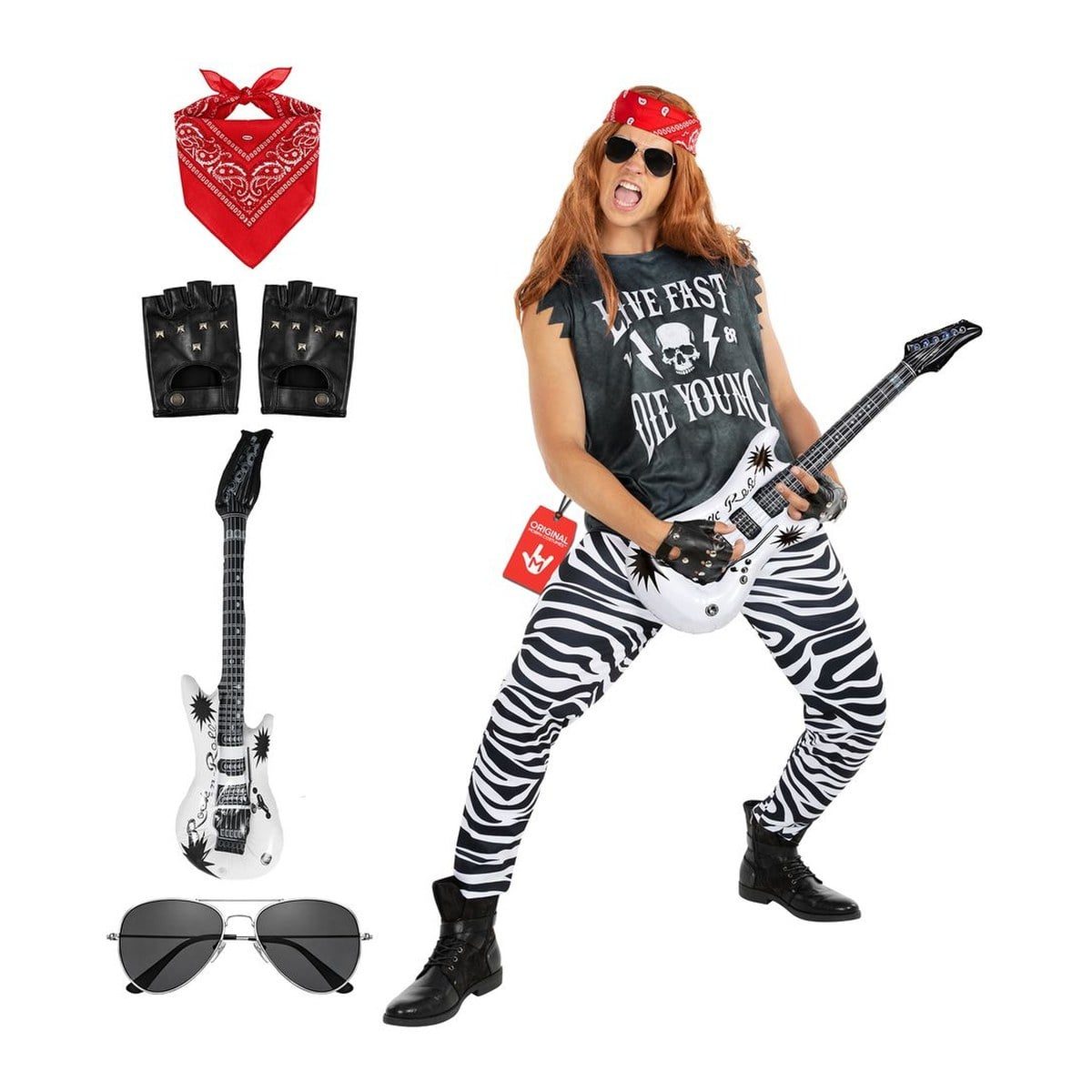 Man in a distressed gray sleeveless tee with a skull graphic, zebra-print leggings, a red paisley bandana, aviator sunglasses, and a long auburn wig, playing a white inflatable guitar, with the bandana, studded fingerless gloves, guitar, and sunglasses shown beside him