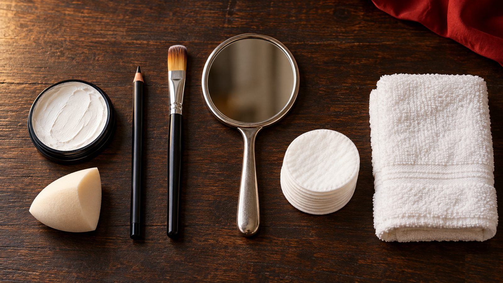 Flat lay of stage makeup tools: a pot of white cream face paint, a black eyeliner pencil, a sponge, a brush, and a hand mirror on a dark table