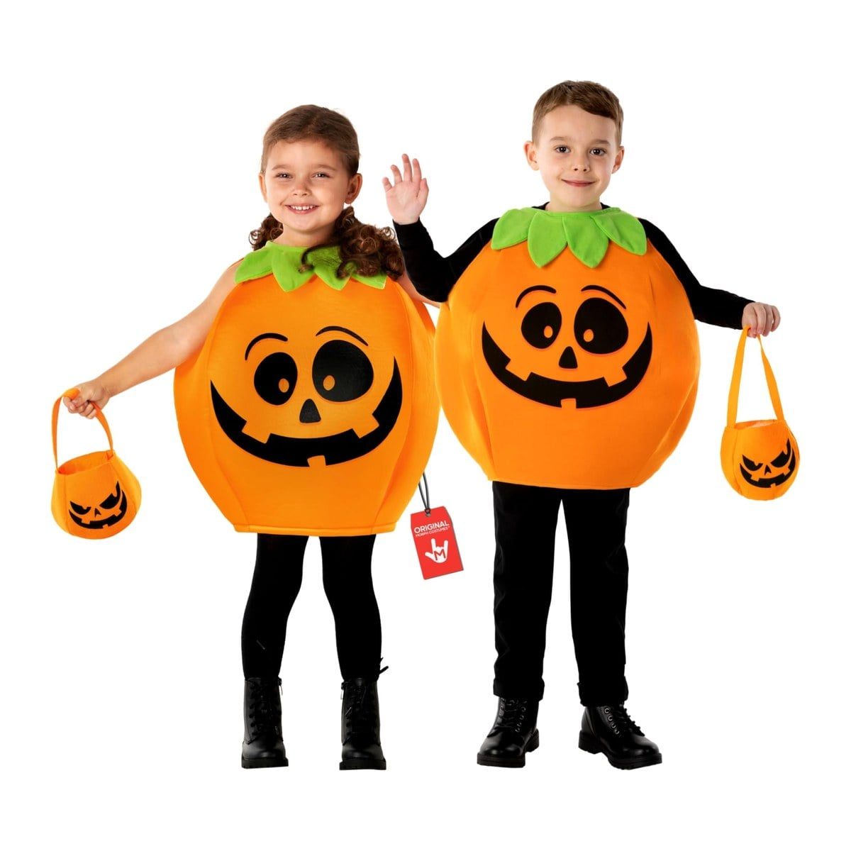 Two smiling children in round orange pumpkin tabards with jack-o'-lantern faces and green leaf collars, each holding a small orange pumpkin treat bag with a scowling face