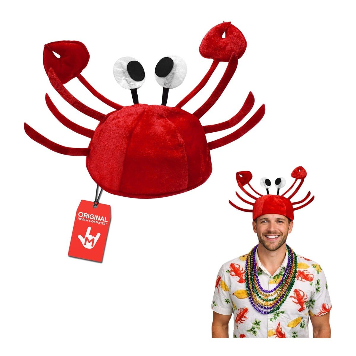 Red plush crab hat with white eyes and raised claws and legs, shown alone and worn by a smiling man in a seafood-print shirt