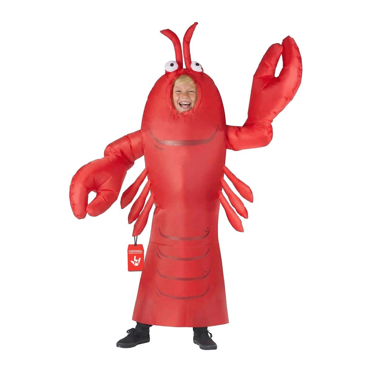 Child in a red inflatable lobster costume with two raised claws and two antennae, face visible through the head opening