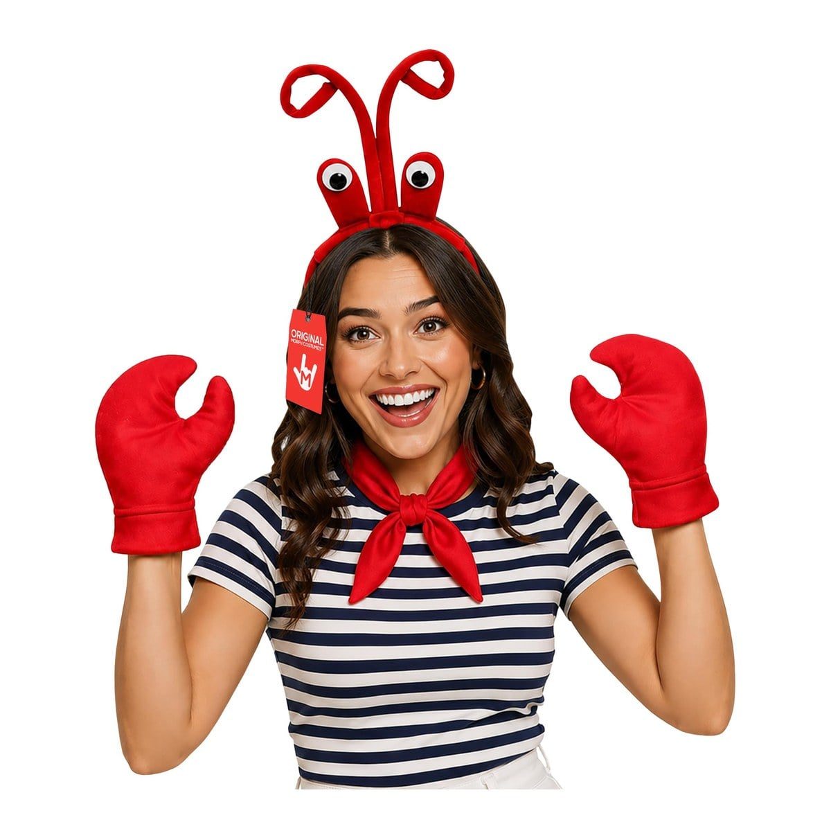 Smiling woman in a navy and white striped top wearing a red headband with two curled antennae and eyes, and a pair of red foam claw mitts held up