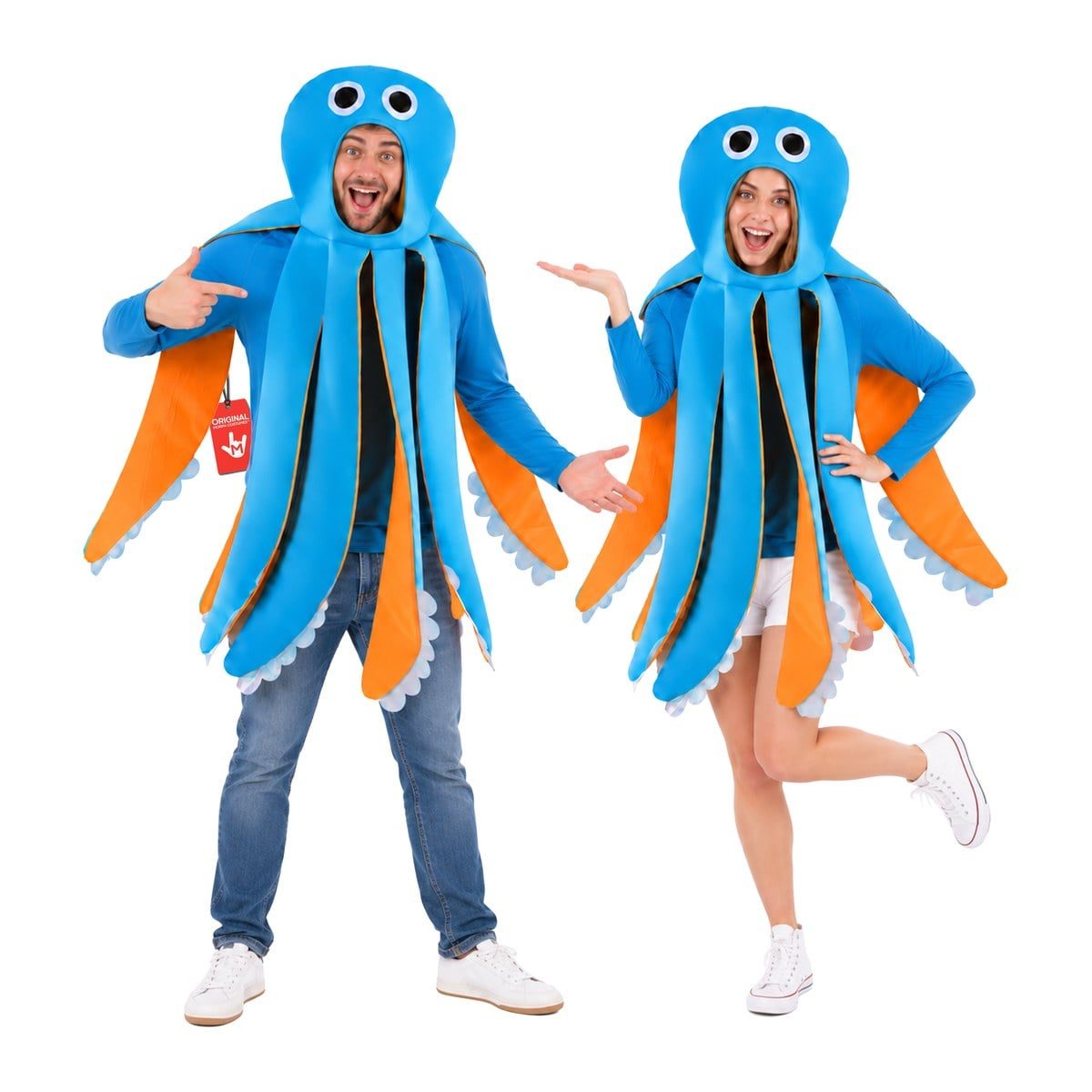 A man and a woman in blue octopus tabards with wide-eyed hoods and orange-lined tentacles, worn over blue long-sleeve tops