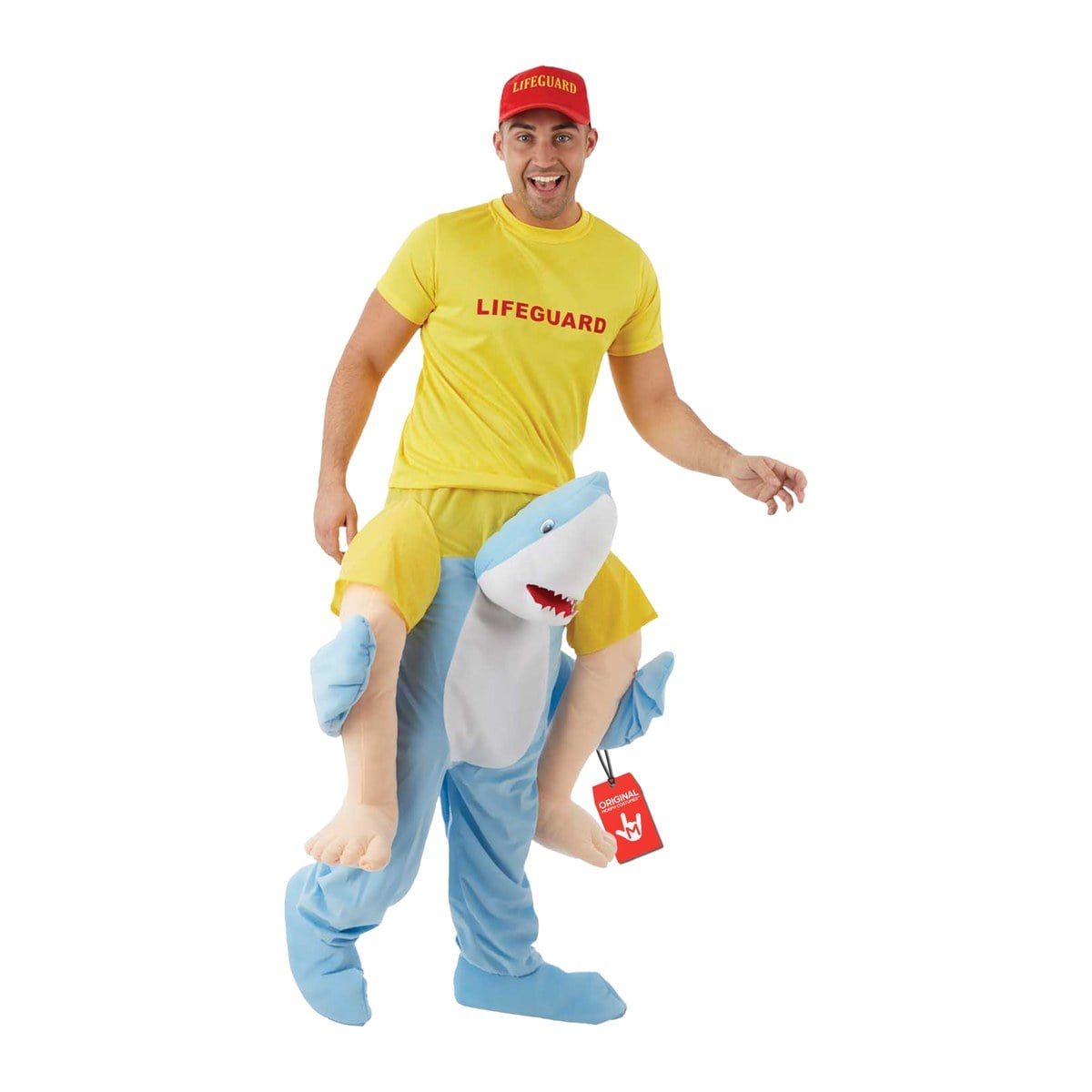 Man in a yellow lifeguard shirt and red cap wearing a blue shark piggyback costume, with the shark's body around his legs and fake legs over its sides