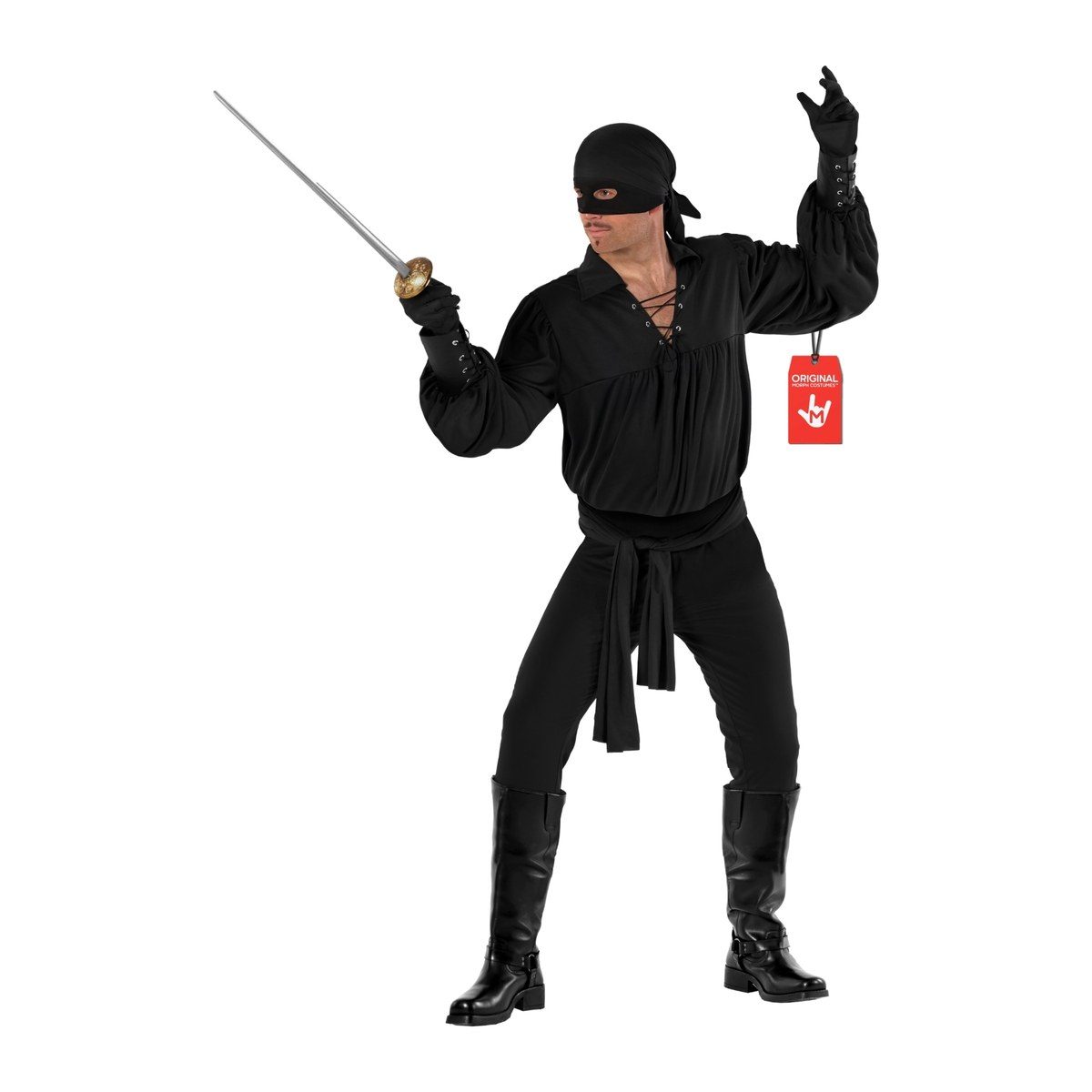 Man in an all-black masked vigilante costume with a lace-up puffed-sleeve shirt, eye mask, head bandana, double-layered belt and fitted gloves