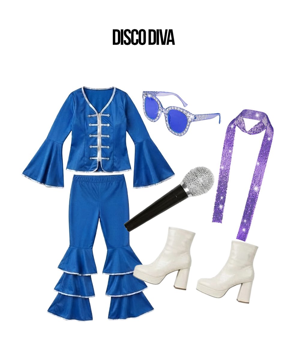 Women's Disco Diva Costume flat lay showing every piece in the pack