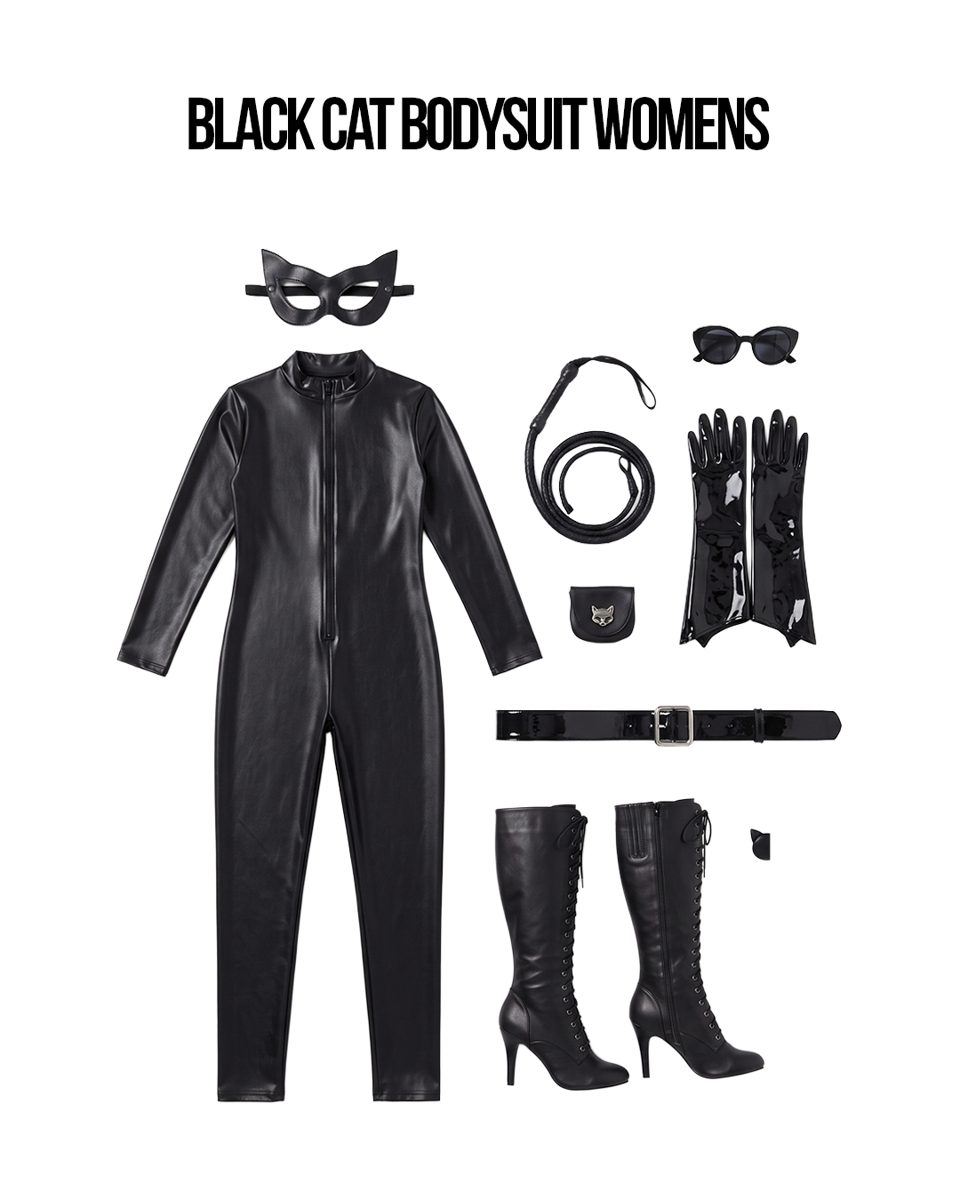Women's Black Cat Bodysuit Costume flat lay showing every piece in the pack