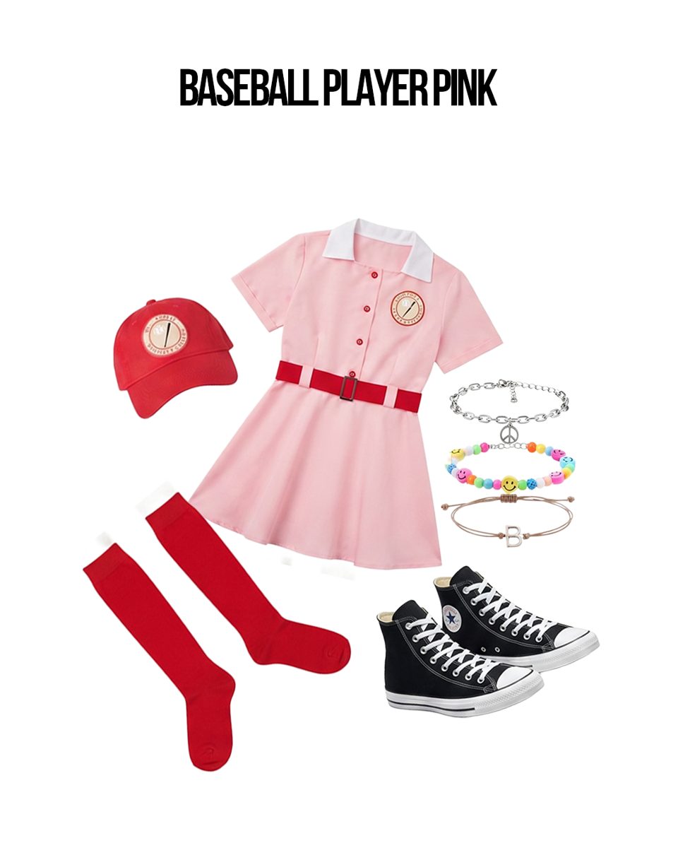 Women's Pink Baseball Player Costume flat lay showing every piece in the pack
