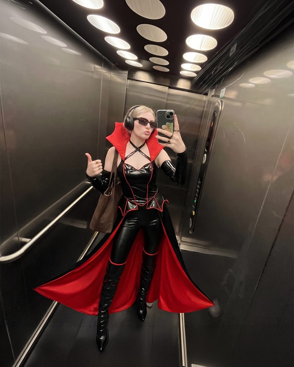 Women's Sexy Vampiress Bodysuit Costume worn by a model, lifestyle photo