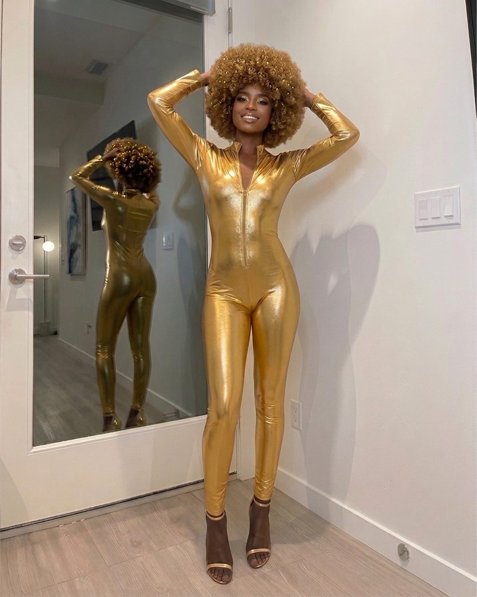 Women's Gold Metallic Bodysuit Costume worn by a model, lifestyle photo