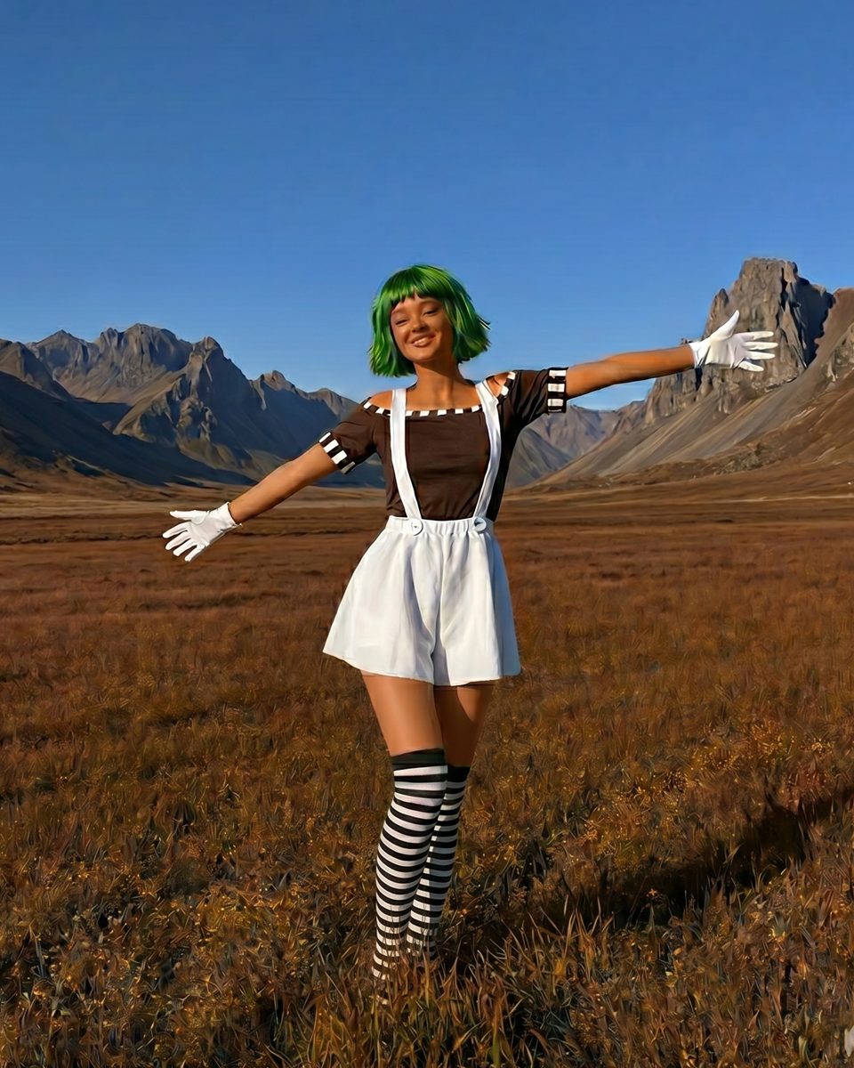 Women's Factory Worker Skirt Costume with Wig worn by a model, lifestyle photo