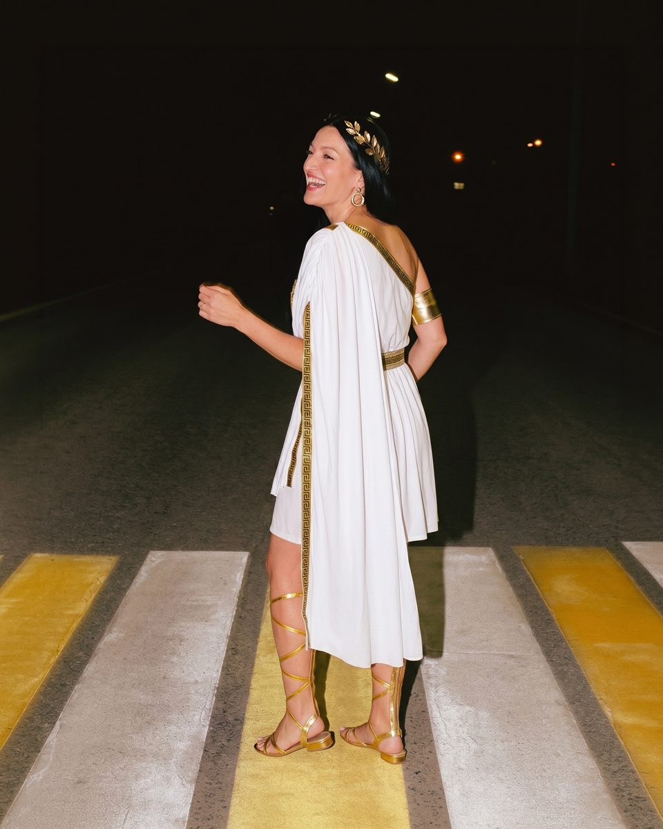 Women's White Roman Toga Costume worn by a model, lifestyle photo