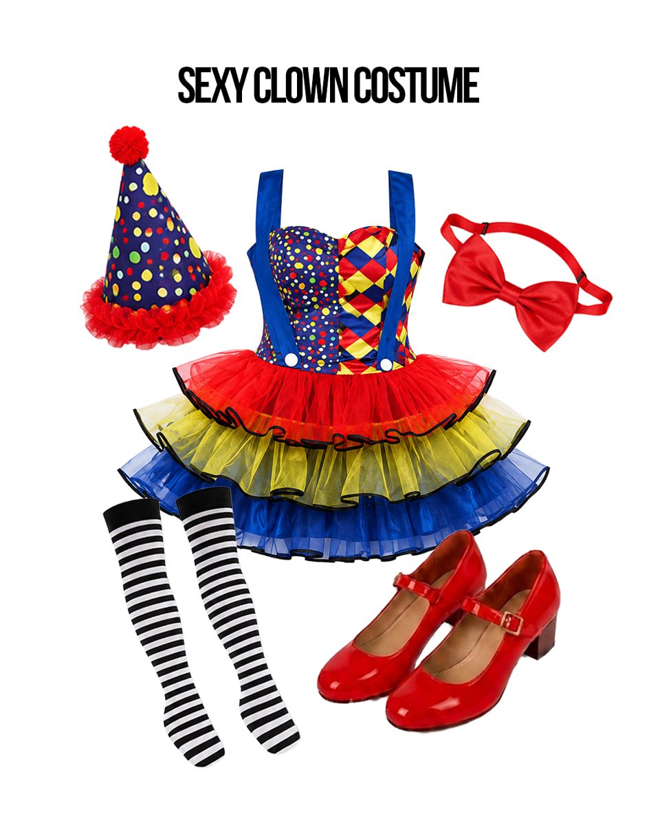 Women's Sexy Clown Costume flat lay showing every piece in the pack