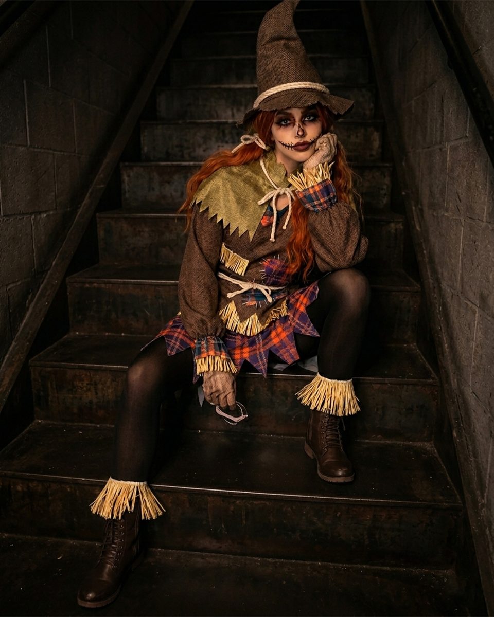 Women's Scarecrow Patch Dress Costume worn by a model, lifestyle photo